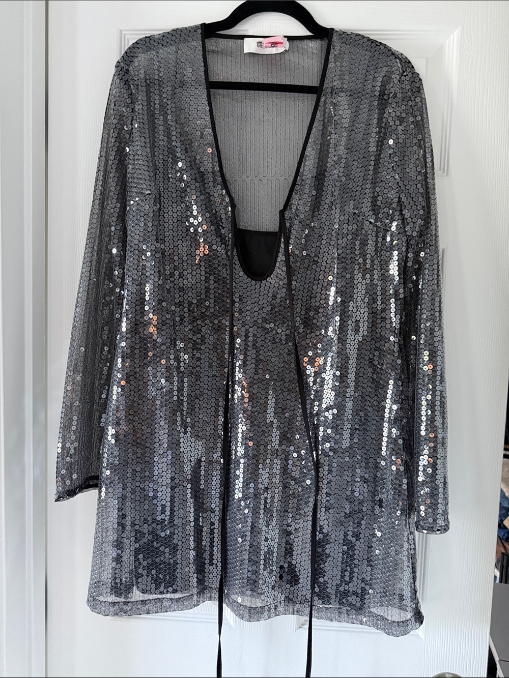 Anthropologie Silver Sequin Tunic with V-Neck Tie